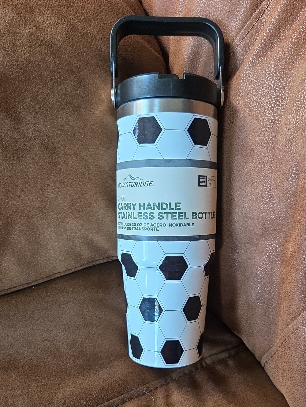 White and Black Soccer Pattern Stainless Steel Carry Handle Bottle